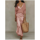 Knit top and satin slip skirt two piece set in pink