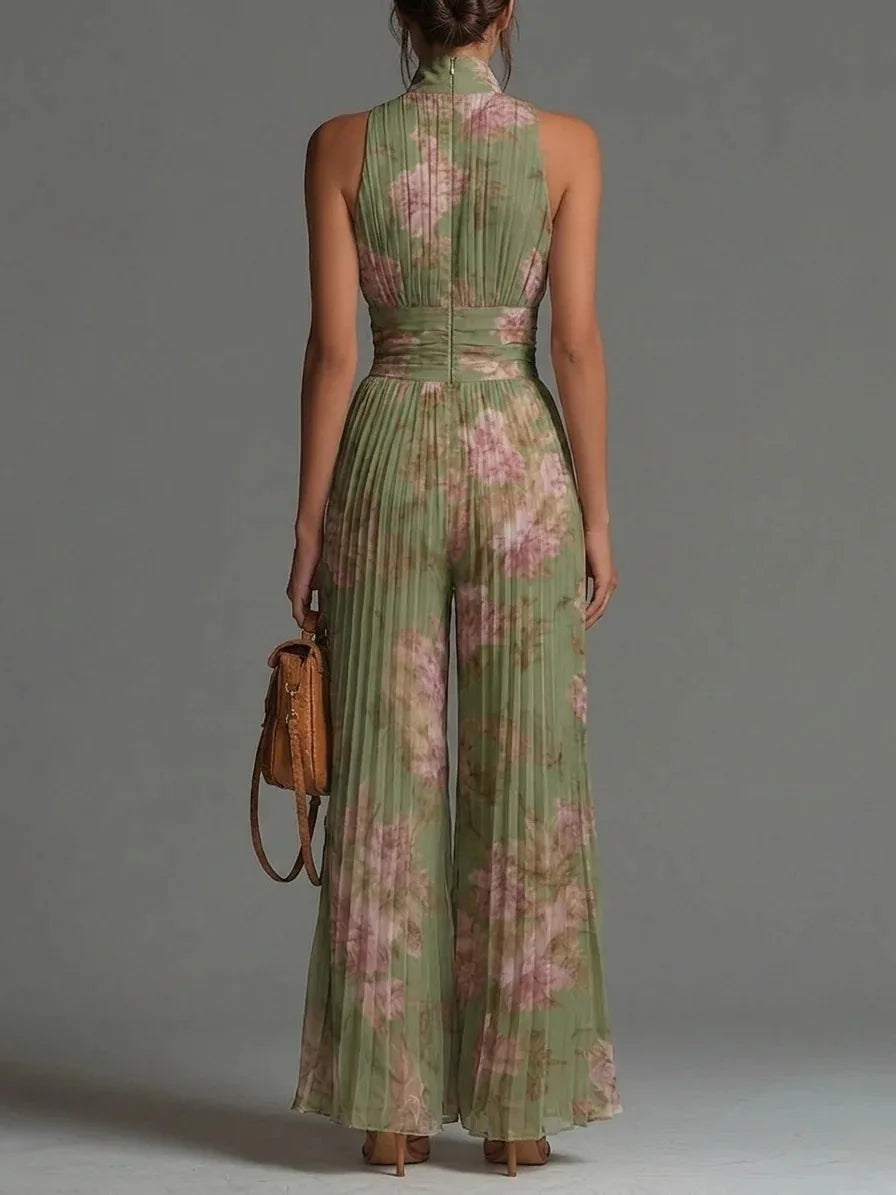 Halter neck pleated wide leg floral jumpsuit, view 2
