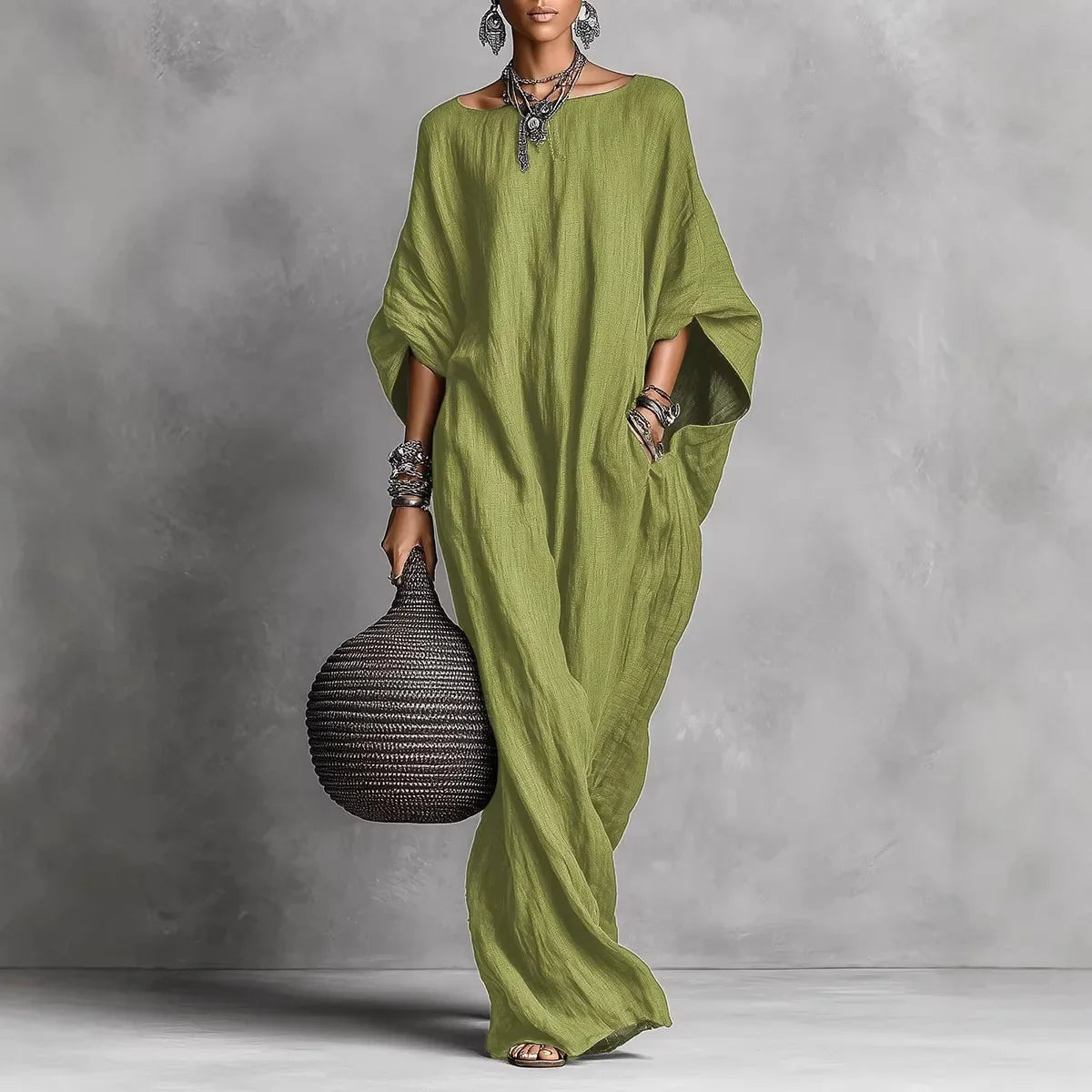 Batwing sleeve loose fit maxi dress in olive