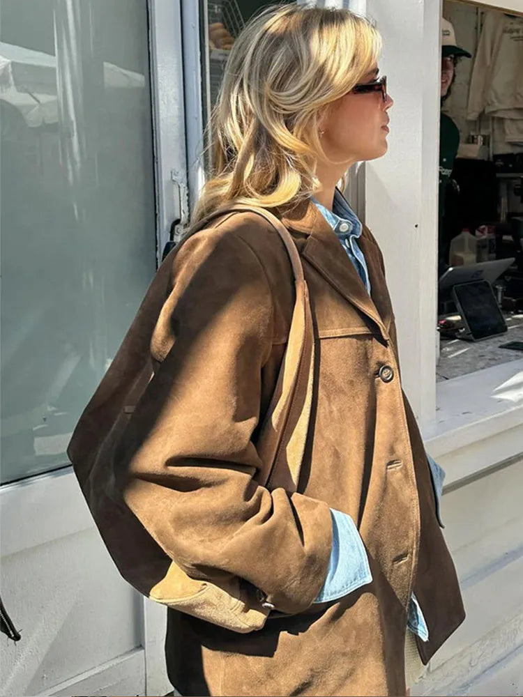 Fall Faux Suede Single Breasted Blazer Jacket for Women