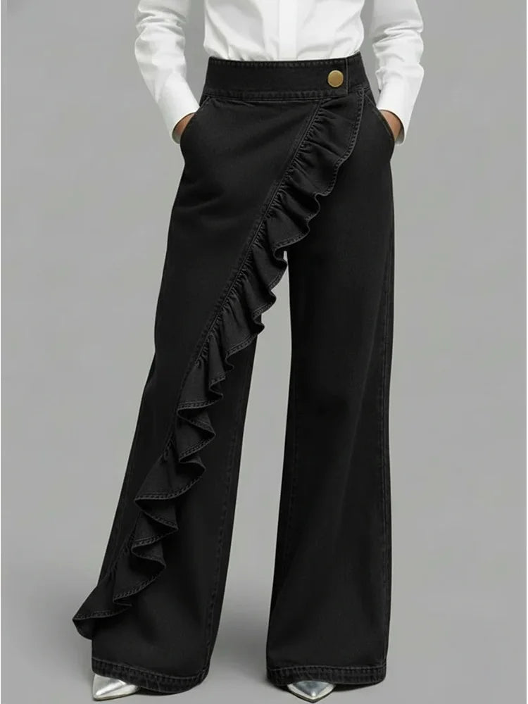 Asymmetrical ruffle detail wide leg jean in black