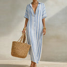 Striped linen blend long shirt dress in sky blue