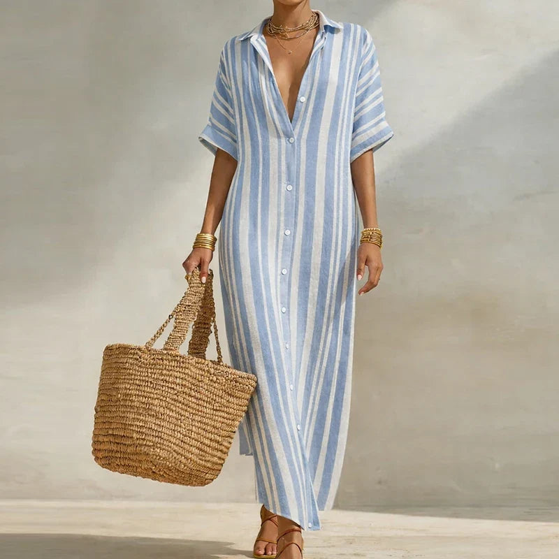 Striped linen blend long shirt dress in sky blue