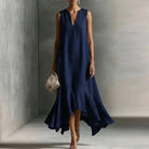 Deep V-neck ruffle hem flowy sundress in dark blue