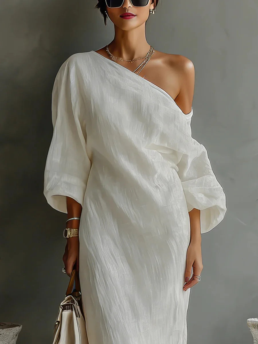 One shoulder textured linen maxi dress, view 2