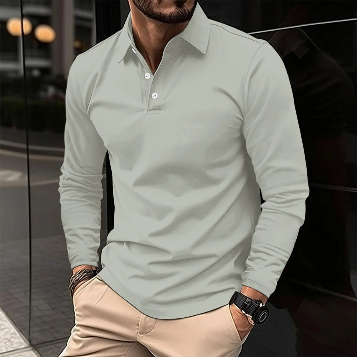 Fall Slim Fit Long Sleeve Button Polo Shirt for Men in Gray