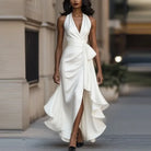 Satin halter high low hem maxi dress in white