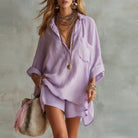 Collared shirt and high waist shorts set in purple