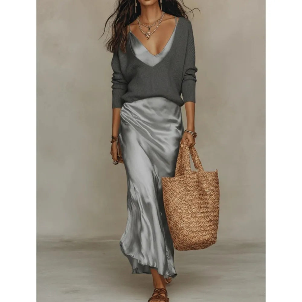 Knit top and satin slip skirt two piece set in gray