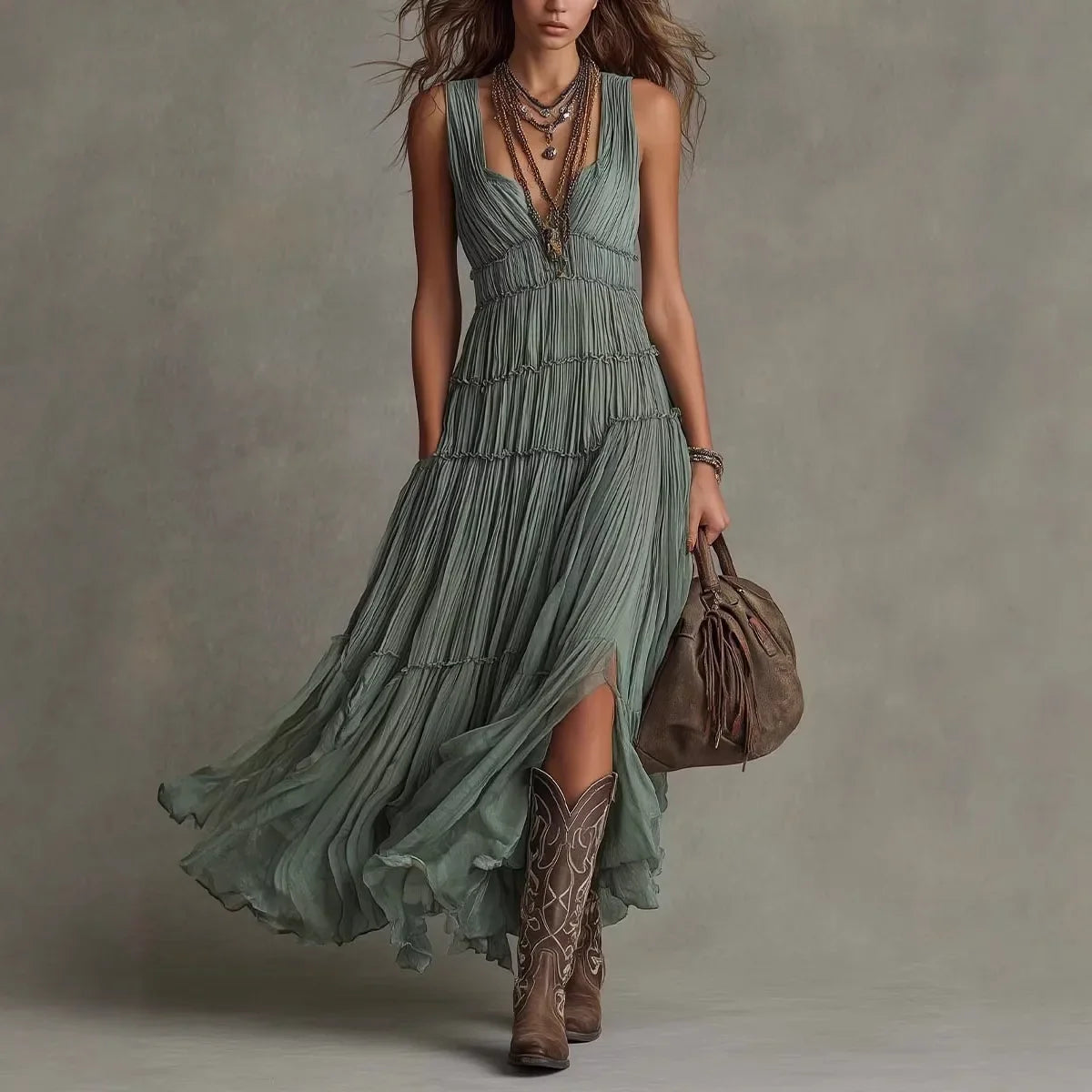 Tiered boho sleeveless V-neck maxi dress in green