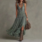 Tiered boho sleeveless V-neck maxi dress in green