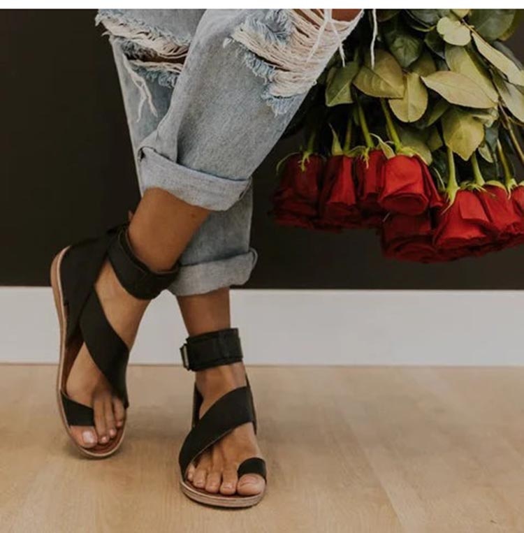 Cross strap toe ring flat sandal, view 1