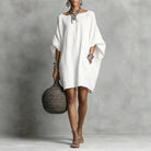 Off shoulder wide sleeve A-line tunic dress in white
