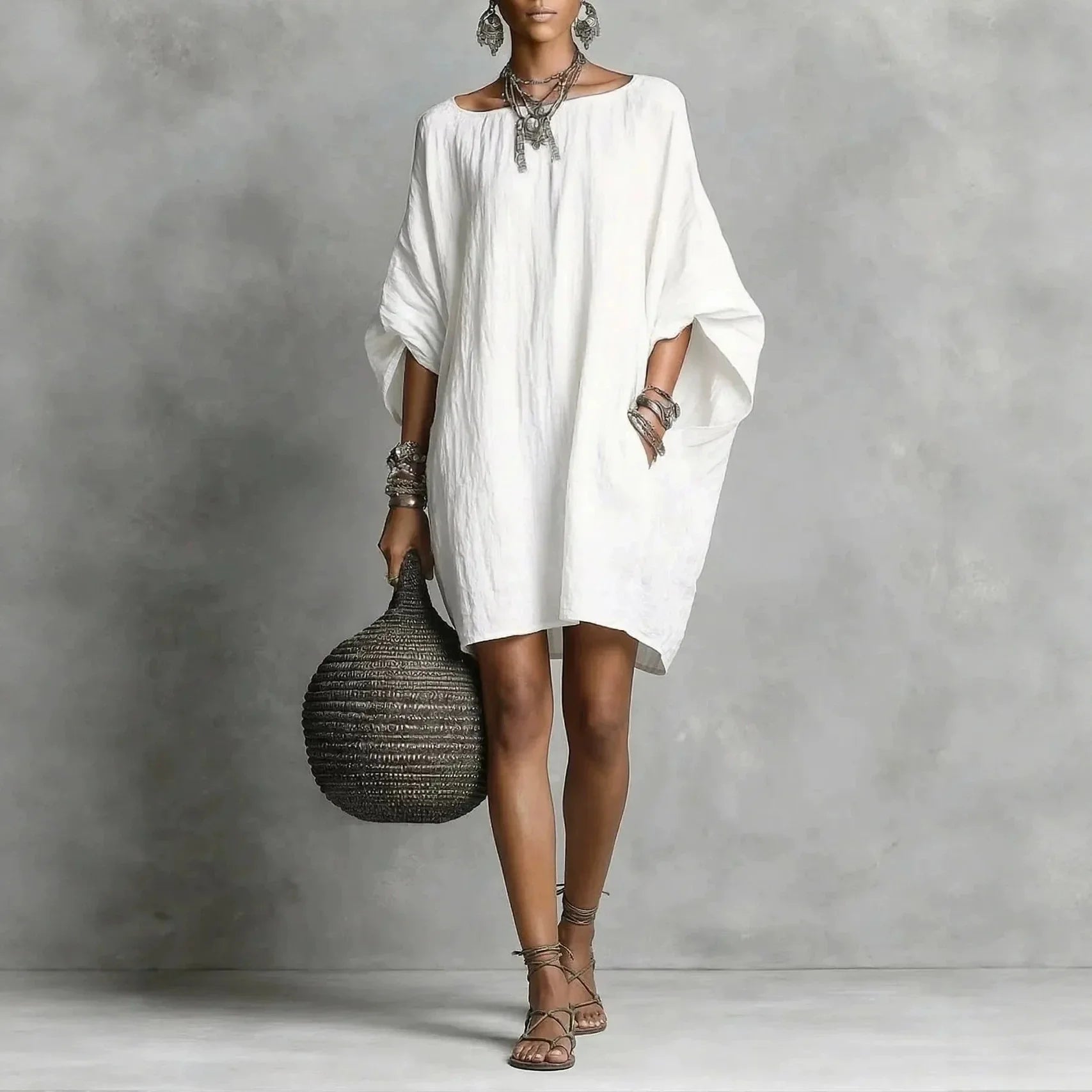 Off shoulder wide sleeve A-line tunic dress in white