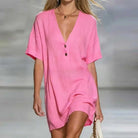 V-neck button cotton linen mini shirt dress in pink