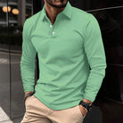 Fall Slim Fit Long Sleeve Button Polo Shirt for Men in Green