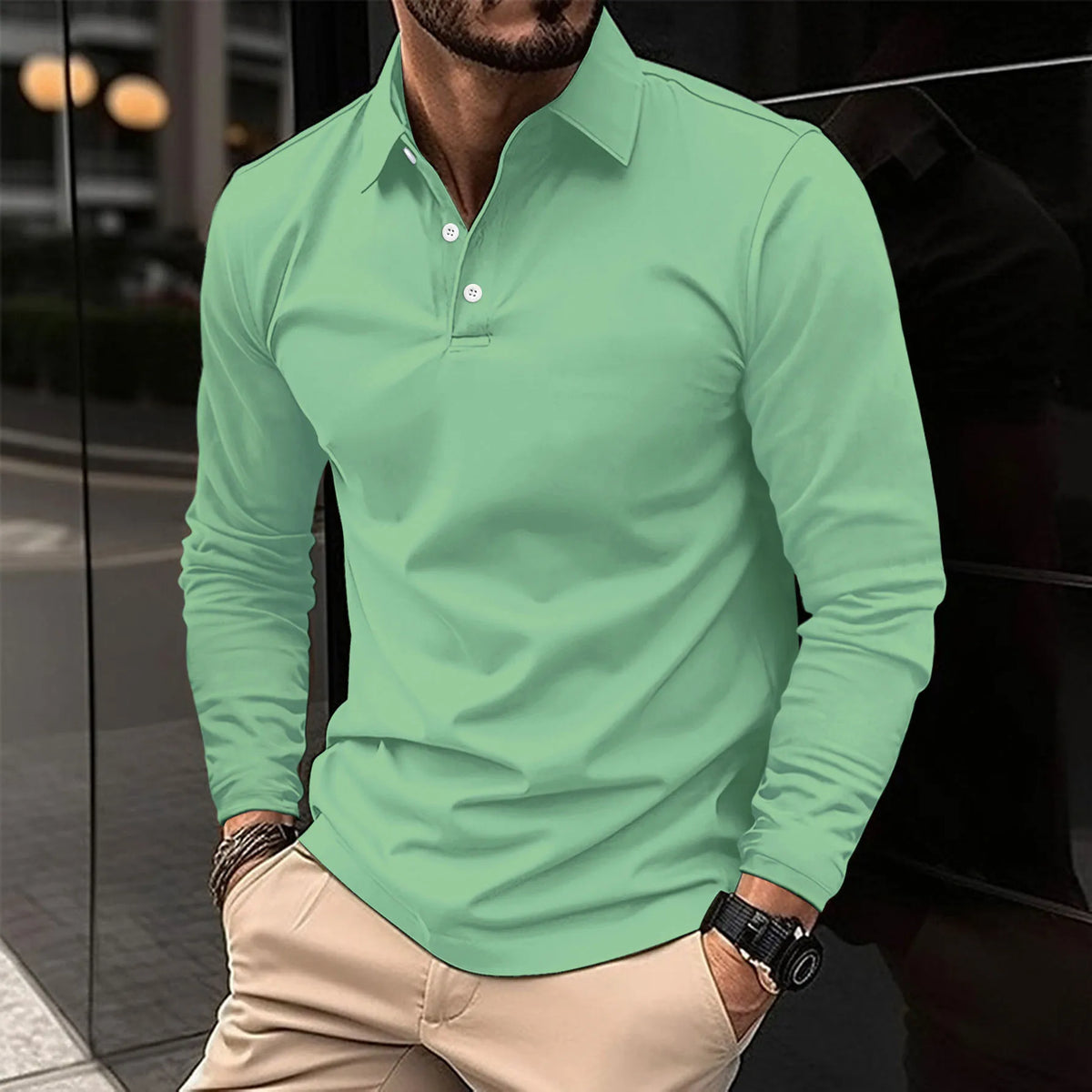 Fall Slim Fit Long Sleeve Button Polo Shirt for Men in Green