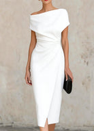 One shoulder pleated waist slit midi dress in white
