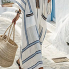Striped flare sleeve kaftan dress with pockets, view 3