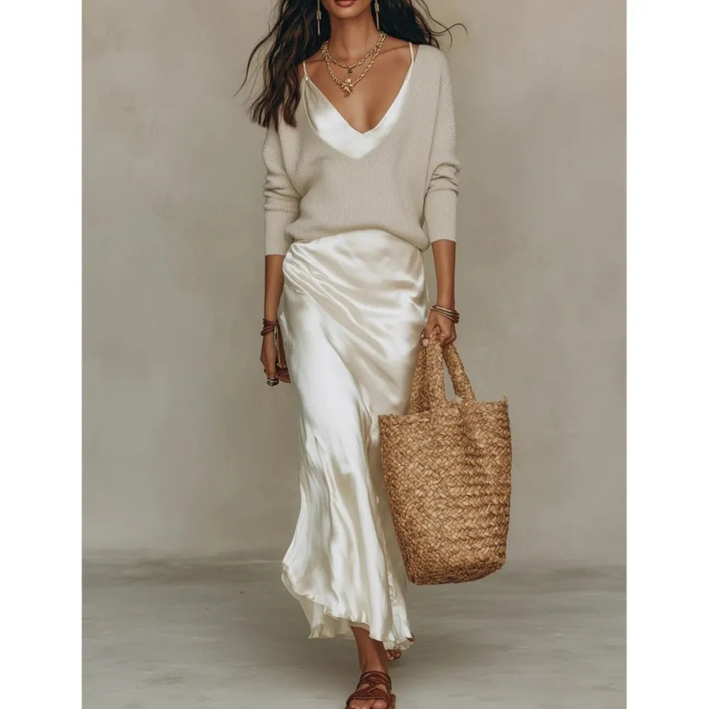 Knit top and satin slip skirt two piece set in beige