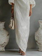 One shoulder textured linen maxi dress, view 4