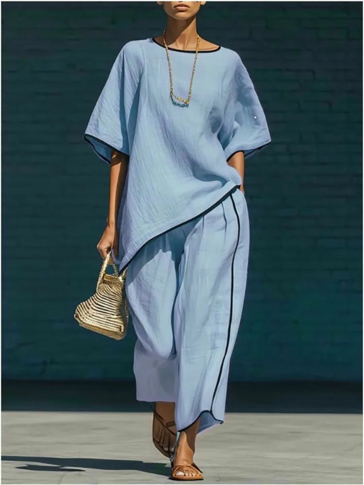 Short sleeve top and cropped wide leg pant set in sky blue