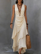 Tiered ruffle ruched waist boho maxi dress in beige