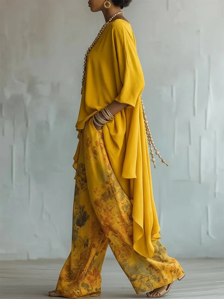 Asymmetric hem printed wide leg two piece set, view 2