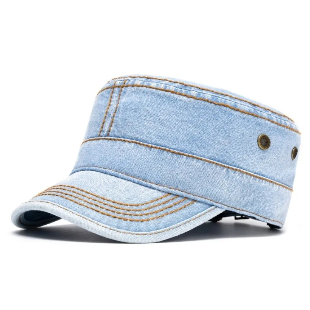 Washed cotton denim military style cap in sky blue