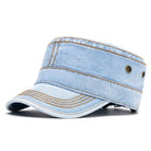 Washed cotton denim military style cap in sky blue