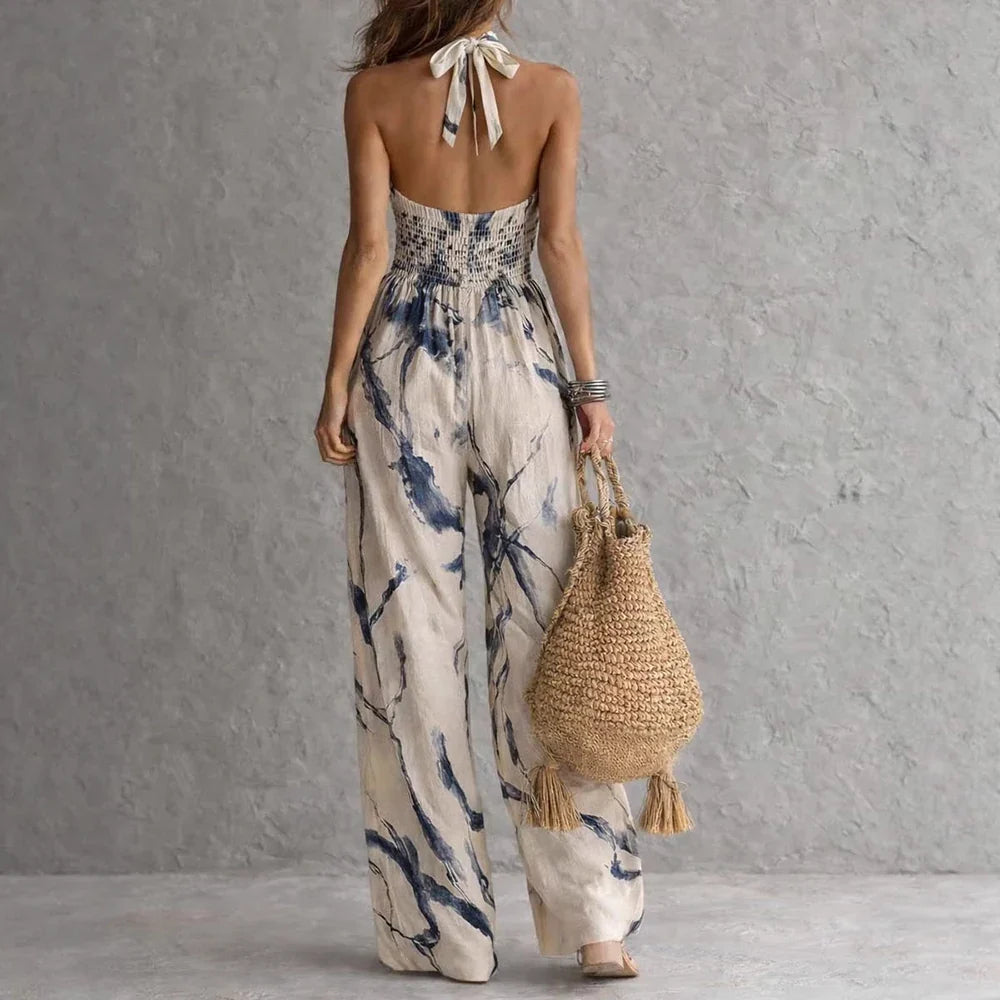 Halter neck watercolor print flowy maxi dress, view 3
