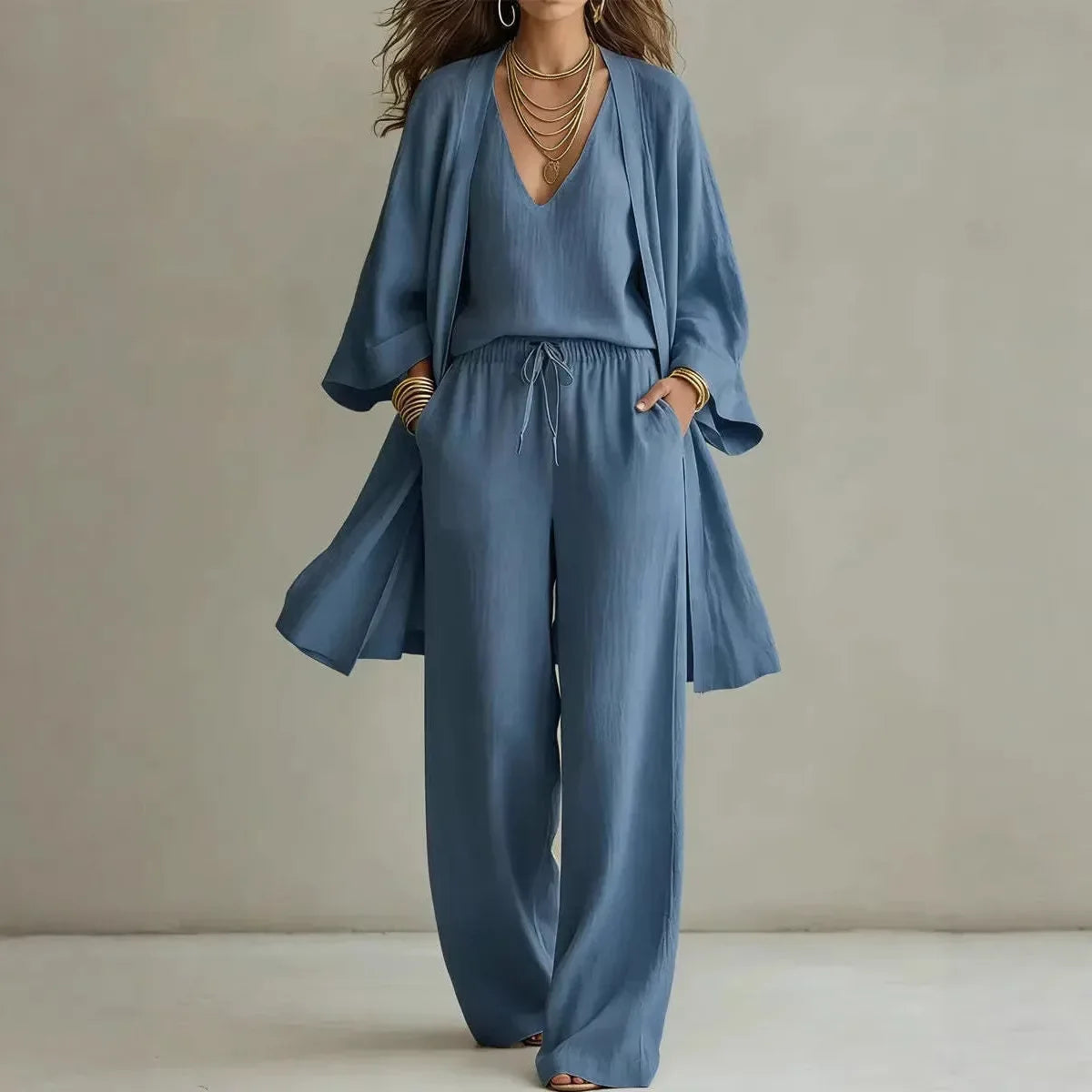 Wide leg three piece lounge set in blue