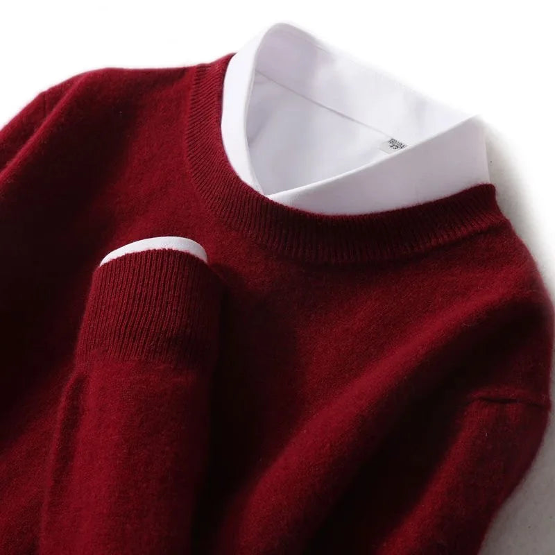 Ribbed trim cashmere blend knit sweater in burgundy