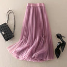 High waist pleated mesh layered midi skirt in purple