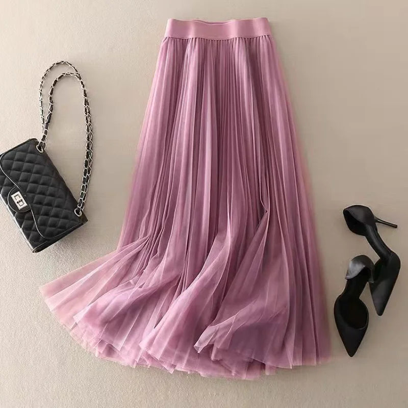 High waist pleated mesh layered midi skirt in purple
