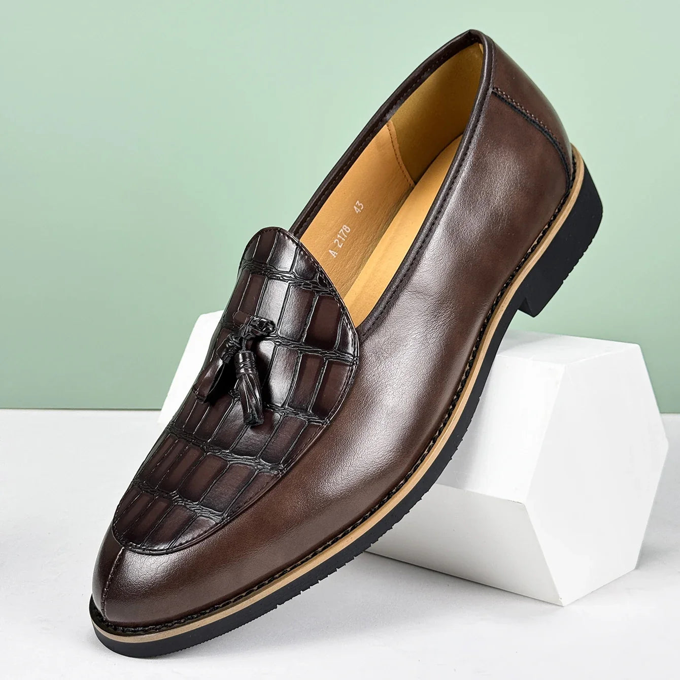 Croc embossed leather tassel loafer, view 9
