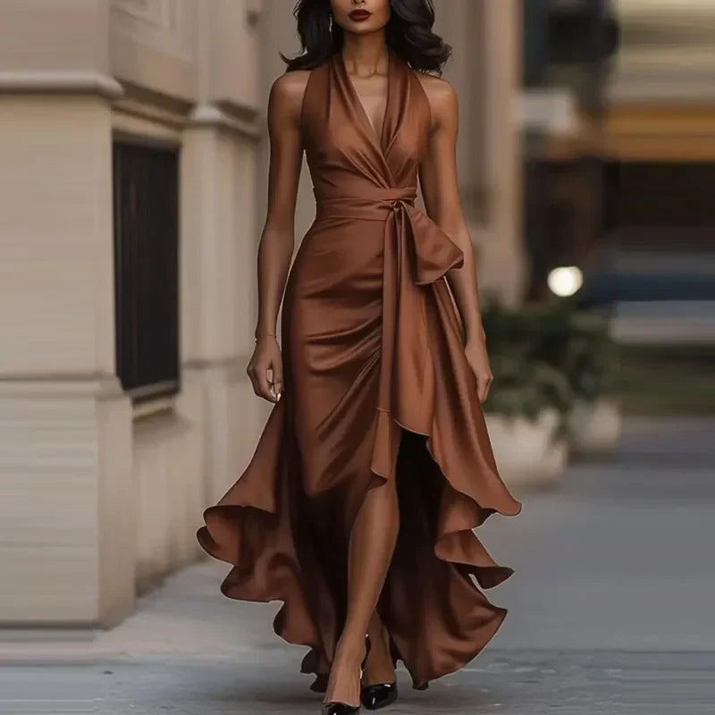 Satin halter high low hem maxi dress in brown