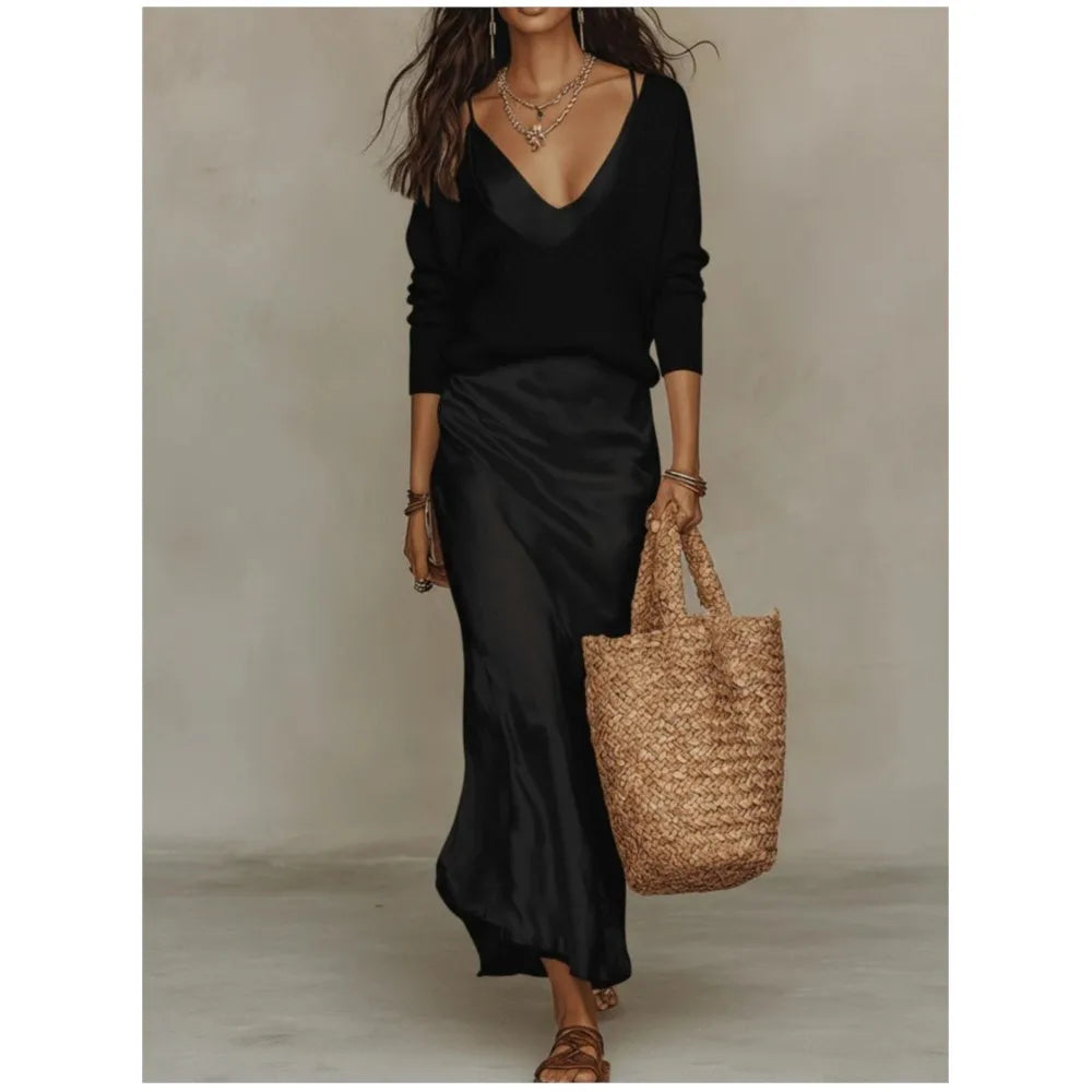 Knit top and satin slip skirt two piece set in black
