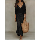 Knit top and satin slip skirt two piece set in black