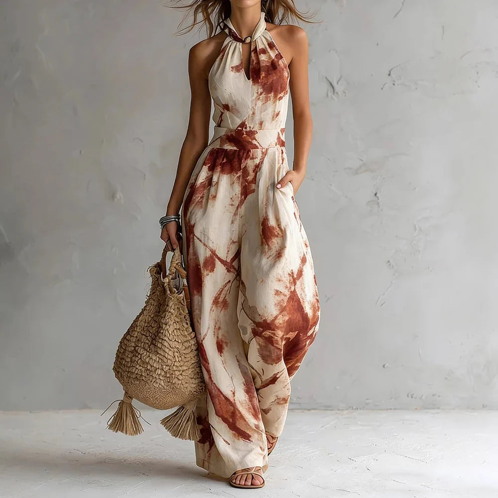 Halter neck watercolor print flowy maxi dress in red