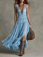 Tiered boho sleeveless V-neck maxi dress in blue