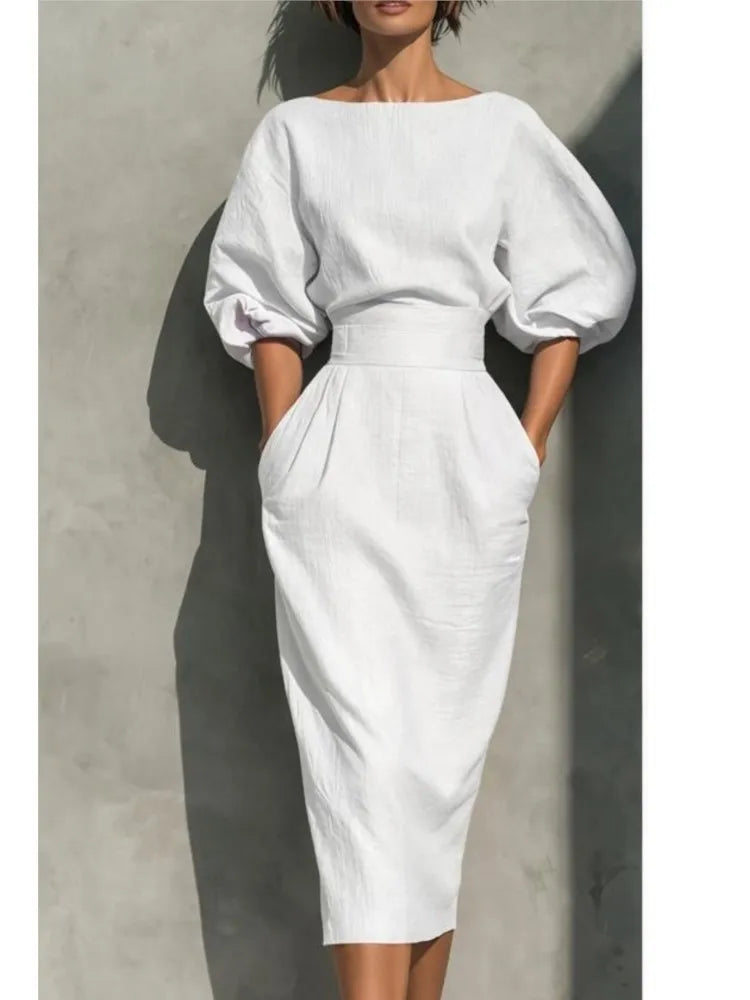 Pleated wrap midi dress with side pockets in white