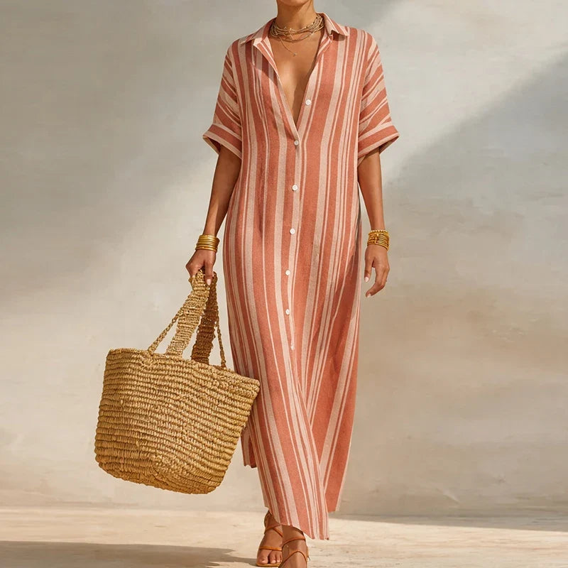 Striped linen blend long shirt dress in pink