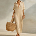 Striped linen blend long shirt dress in biege