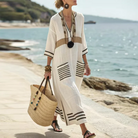 Striped flare sleeve kaftan dress with pockets in beige
