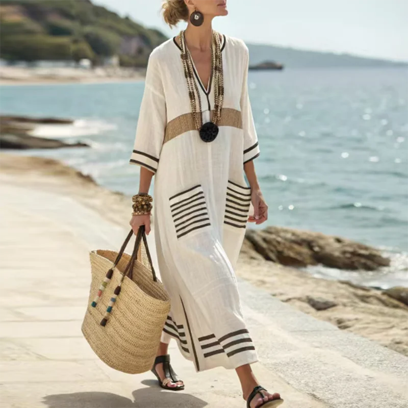 Striped flare sleeve kaftan dress with pockets in beige