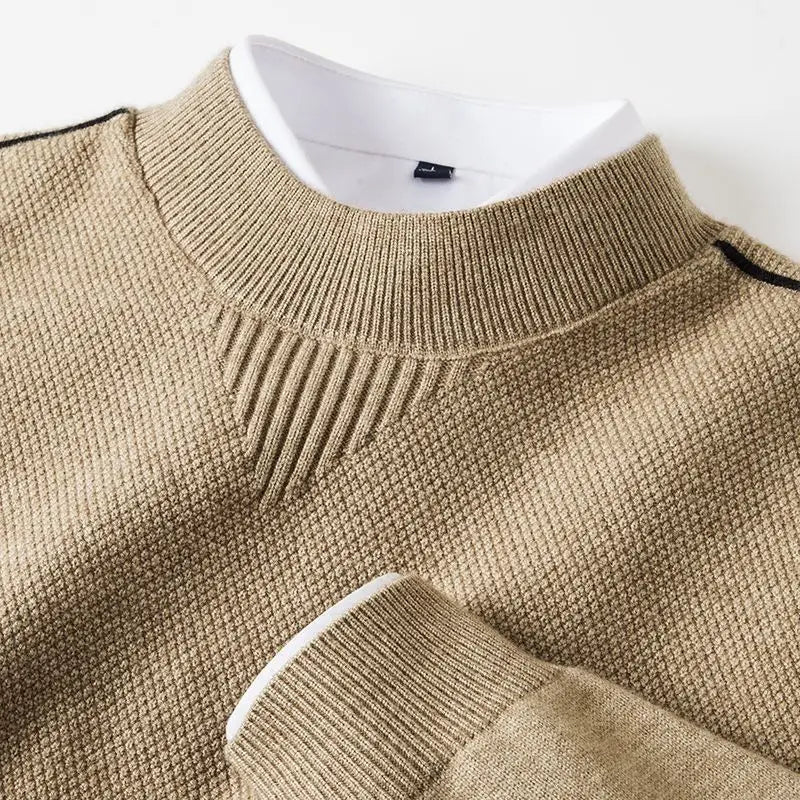 Textured ribbed trim knit sweater in light khaki