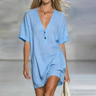V-neck button cotton linen mini shirt dress in blue