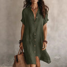 Short sleeve button down cotton shirt dress in army green