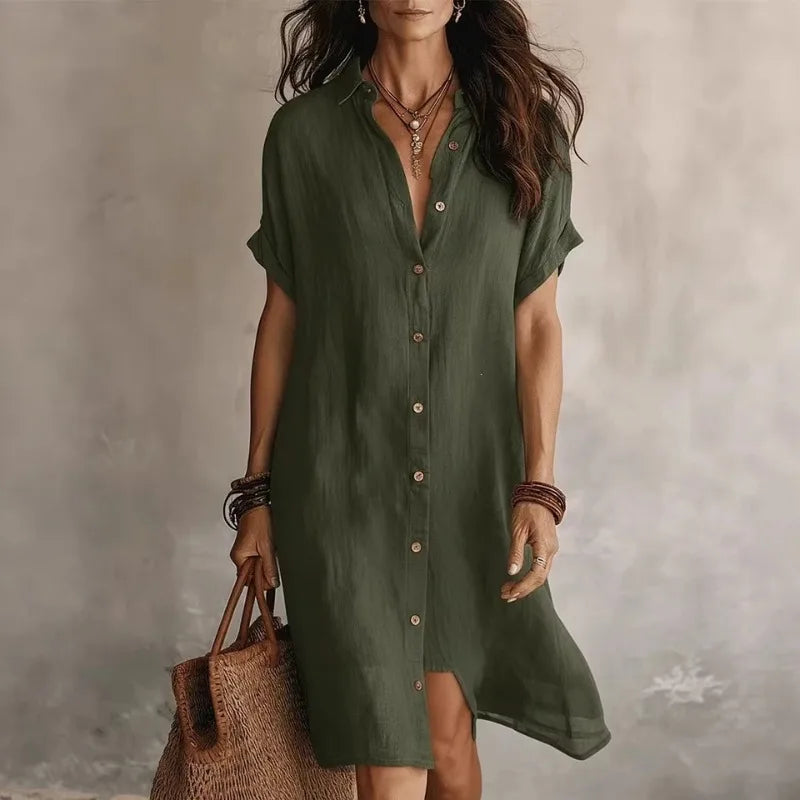 Short sleeve button down cotton shirt dress in army green